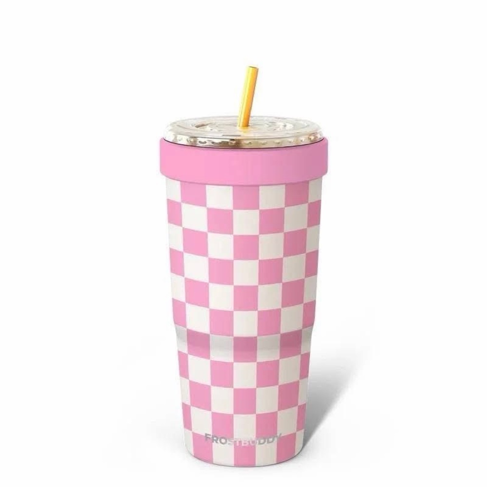 FrostBuddy To Go Pink and White Checkered Tumbler with Straw